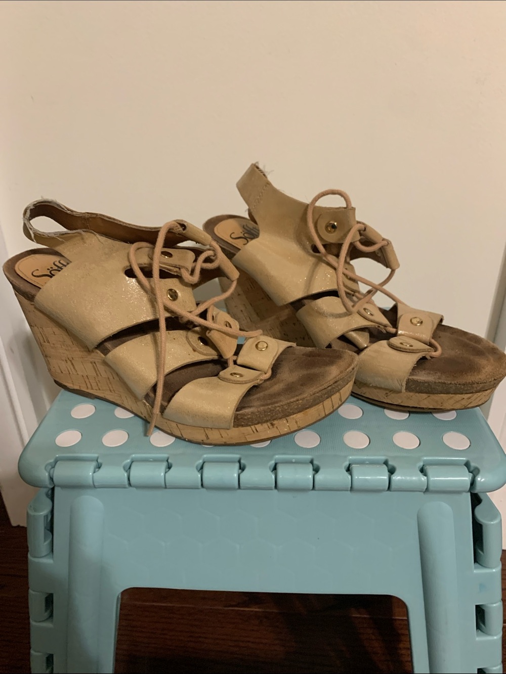 Sofft Tan Lace-Up Cork Wedge Sandals
